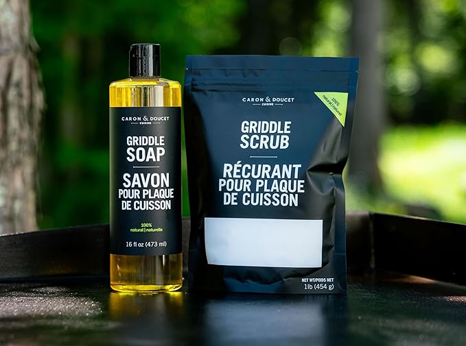 CARON & DOUCET - 100% Plant-Based Griddle Cleaning Soap and Salt Scrub Set: Best for Removing Rust & Cleaning Burnt On Food While Seasoning Griddle