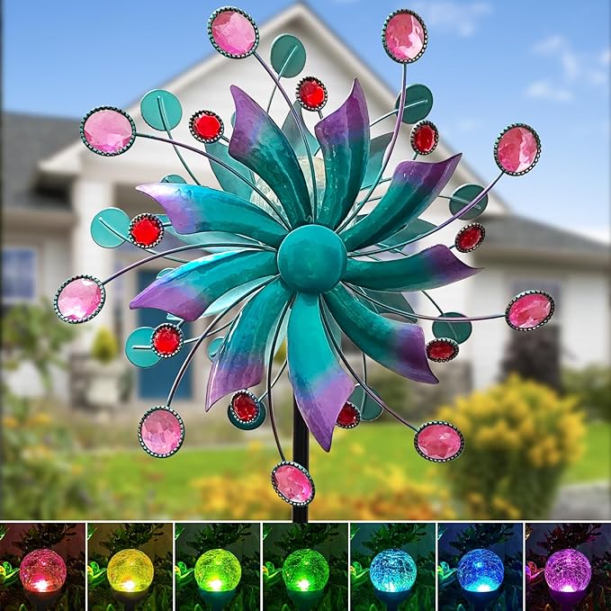 360°Solar Wind Spinner with Lights Blue Metal Garden Outdoor Decor Yard Lawn Art Decor for Patio Kinetic Windmills Unique Gifts for Friends and Family 60.63'' H x 13.38'' Dia