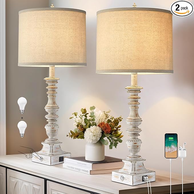 Farmhouse Table Lamps for Bedroom Set of 2 Vintage 3-Way Dimmable Touch Control Nightstand Lamps, Bedside Lamps for Living Room, Traditional Nightstand Lamp End Table lamps 28.5" (Bulbs Included)