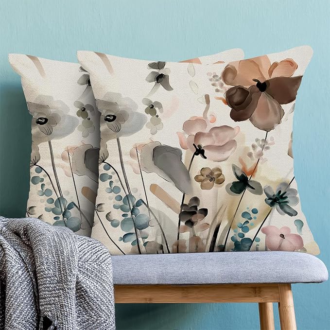 CXMEIFLY Spring Floral Pillow Covers 18 x 18 Inch Set of 2 for Watercolor Flowers Decor Throw Pillows Teal Brown Leaves Plant Floral Outdoor Decorative Cushion Cases for Couch Bed Decorations