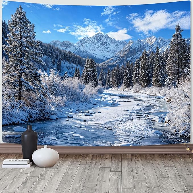 AMM Winter Forest Snow Mountain Tapestry Snowy Pine Tree Woodland Tapestry for Bedroom Aesthetic White Clouds Flowing River Landscape Tapestries Wall Hanging for Living Room Dorm Office 90 x 68 Inch