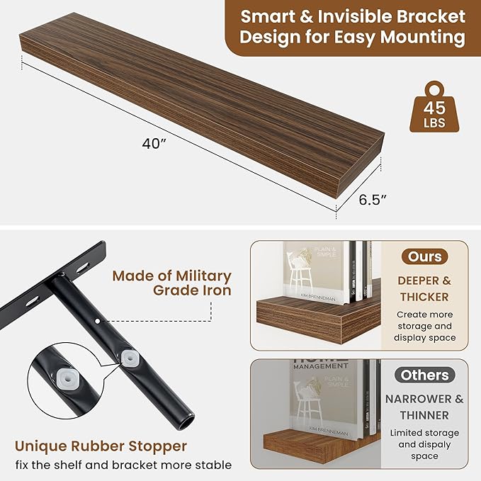 fuqing Floating Shelves for Wall, Bathroom Shelf Wall Mounted for Storage, Shelves with Invisible Bracket for Bedroom, Kitchen, Living Room, Farmhouse Small Book Shelf, 40 Inch Set of 2, Walnut