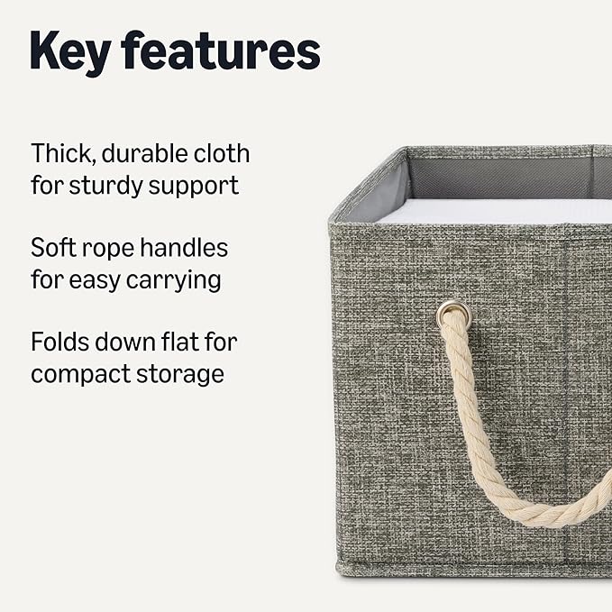 Amazon Basics Foldable Storage Bins with Rope Handles, Charcoal, Large, Pack of 3