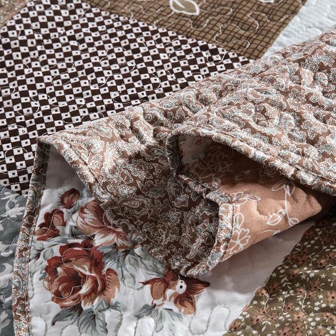 NEWLAKE Quilt Bedspread Sets-Checkered Floral Reversible Coverlet Set,Queen Size