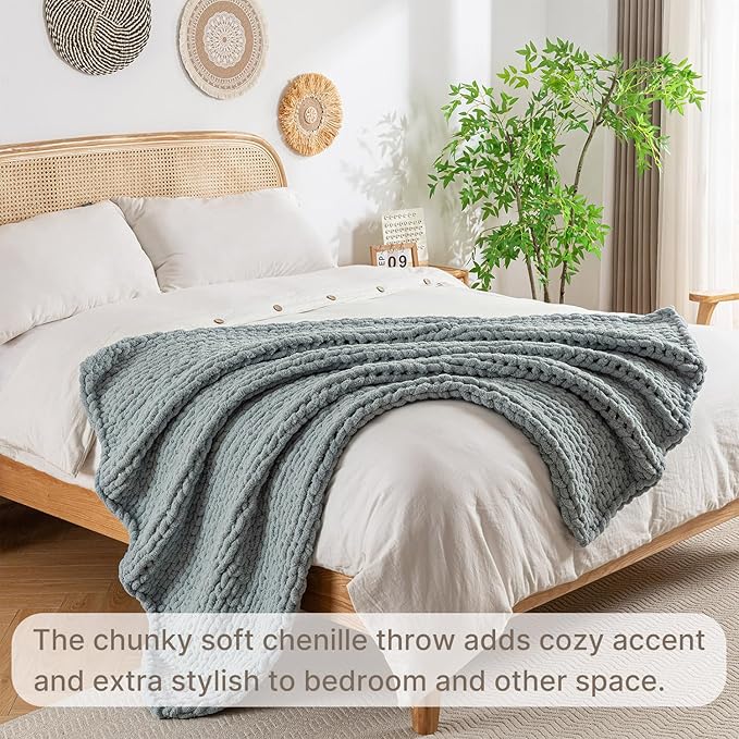 Chunky Knit Blanket Throw, 100% Hand Knit Throw Blanket Handmade Chenille Cable Knit Throw for Couch, Stylish Cozy Soft Rope Knot Crochet Blanket for Home Decor, Chambray Blue, 50x60 Inches