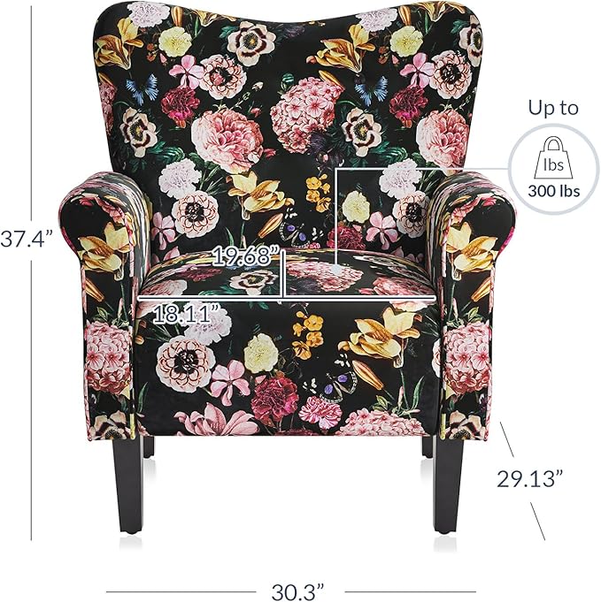BELLEZE Modern Accent Chair for Living Room, High Back Linen Armchair with Wooden Legs, Upholstered Wingback Side Chair Padded Armrest Single Sofa for Living Room, Bedroom - Allston (Black & Flower)