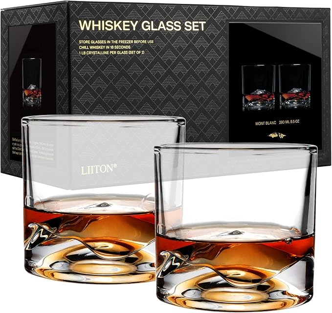 Mont Blanc Heavy Crystal Whiskey Glasses Gift Set of 2, Thick Freezable Bourbon Glass 1lb Each, Premium Whiskey Gifts for Men, Frozen Crystal Chills Cocktails, 10 oz