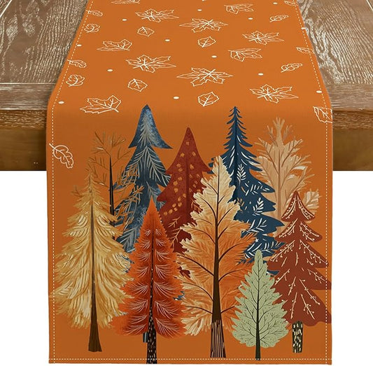 GEEORY Fall Watercolor Tree & Maple Leaves Table Runner 13x36 Inch, Rustic Farmhouse Autumn Thanksgiving Decor for Kitchen, Dining, Indoor/Outdoor Holiday Dinner Party Orange GT158-36