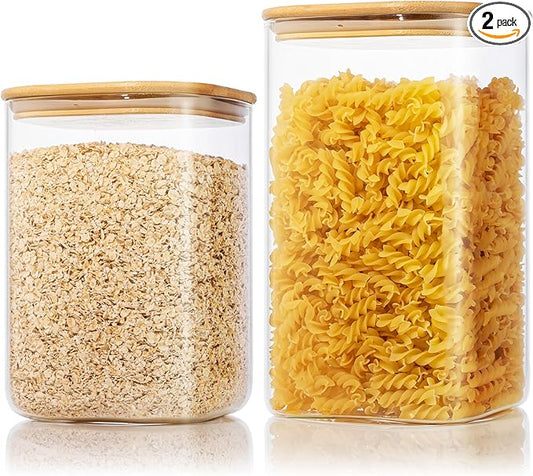 Extra Large Square Glass Flour & Sugar Storage Containers with Airtight Lids, 168 floz & 84 floz - 2 Pack Glass Jars with Bamboo Lids, Air tight Food Storage Containers for Cereal, Pasta, Rice