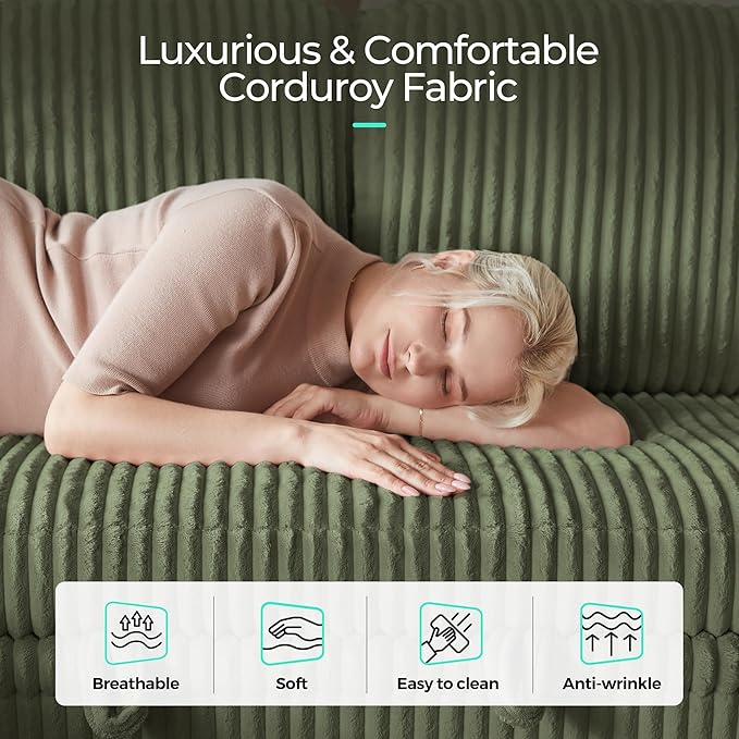 LINSY HOME Sectional Sleeper Sofa with Pull Out Couch Bed Convertible Plush Corduroy Cloud Couch with Storage Chaise & USB Charging, Comfy L Shaped Modular Couches for Living Room Apartment (Green)