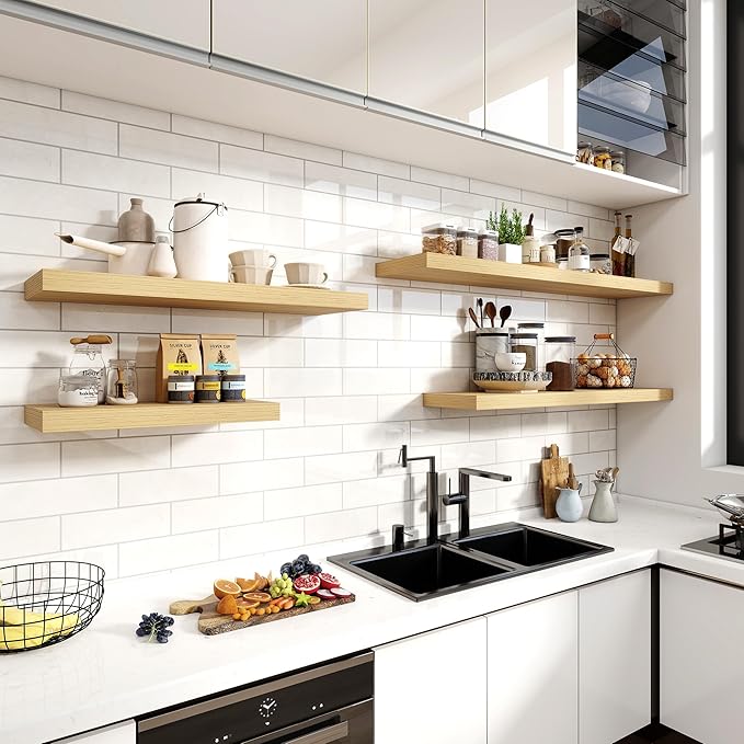 36 Inch Floating Shelves, 11.6 Inch Deep Floating Shelves for Wall, Floating Shelf with Invisible Brackets, Deep Shelves for Bathroom, Bedroom, Living Room, 2 Pack, Natural