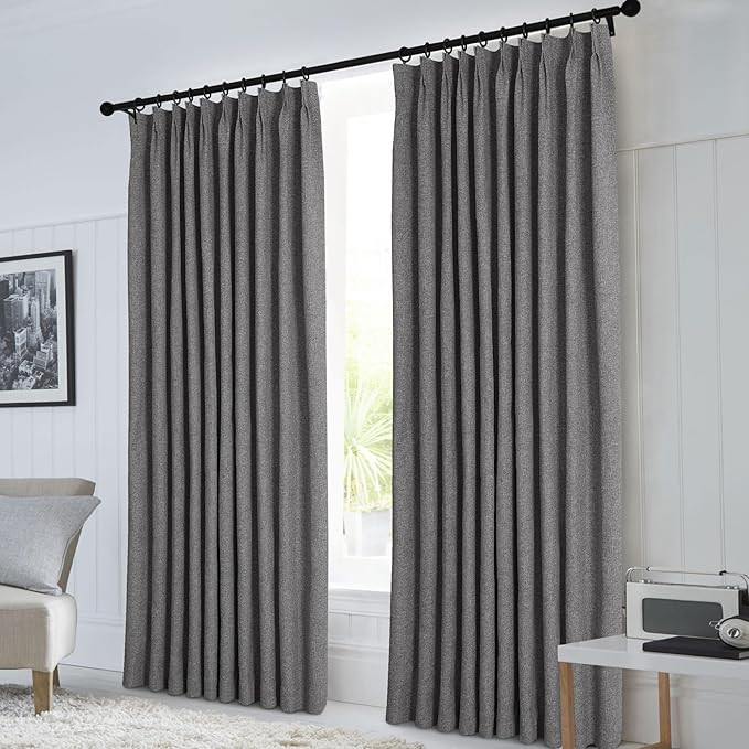 Macochico Pinch Pleated Full Blackout Curtains for Bedroom Living Room Natural Grey Linen Curtains Thermal Insulated and Noise Reducing Window Panels with Tieback Shabby Chic Decor 84”Wx84”L 1 Panel