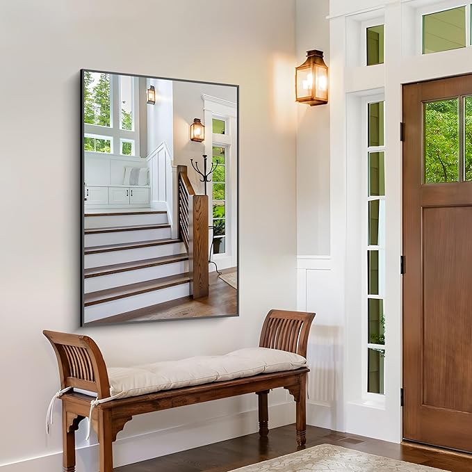 Bathroom Black Mirror, 36x55in Black Rectangle Mirror with Thin Metal Frame, Large Rectangular Wall Mirror for Bathroom, Living Room, Hair Salon, Big Farmhouse Mirror Hang Horizontal/Vertical