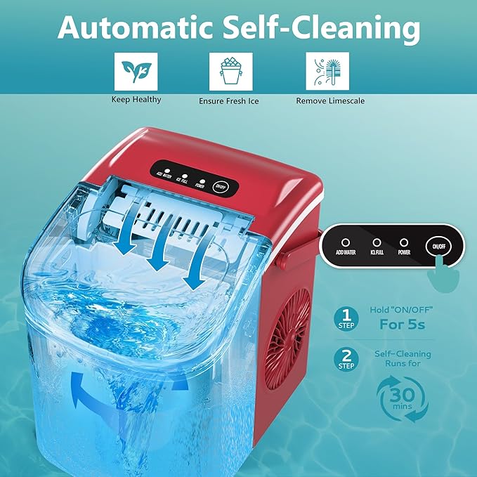 EUHOMY Countertop Ice Maker Machine with Handle, 26lbs Per Day, 9 Ice Cubes Ready in 6 Mins, Auto-Cleaning Portable Ice Maker with Basket and Scoop, for Home/Kitchen/Camping/RV (Red)