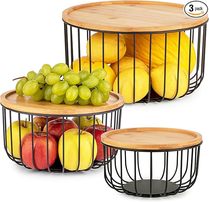 Fruit Basket for Kitchen Counter Set of 3 - Large Stackable Baskets with Bamboo Lid - Perfect Holder For Fruit and Vegetable Storage - Keep Your Countertop Classy, Tidy and Slightly Fruity!