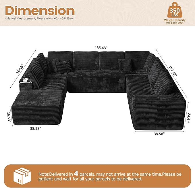 Cloud Sectional Couches for Living Room,U Shaped Modular Sofas No Assembly,135x100 Inches Plush Corduroy Oversized Floor Couch Set with Deep Seat Chaise,Black
