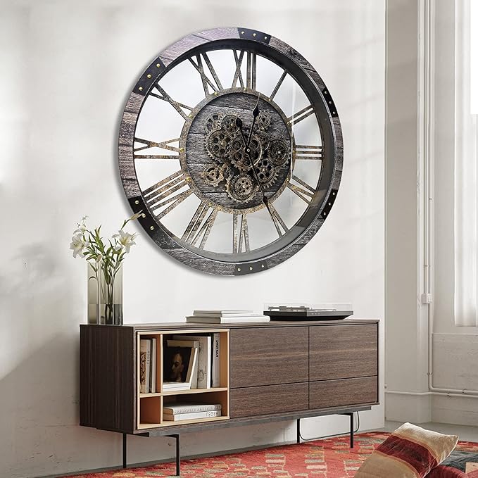 DORBOKER 36" Extra Large Wall Clock with Moving Gears, Oversized Giant Industrial Steampunk Rustic Clocks for Wall Decor Living Room Home Office, Solid Wood Retro Metal,Carbon Grey