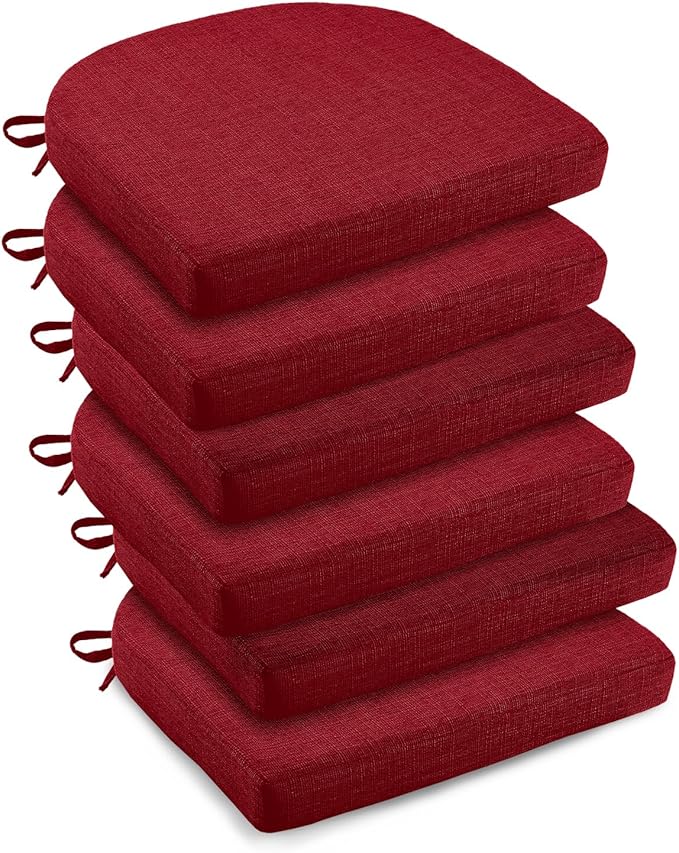 downluxe Indoor Chair Cushions for Dining Chairs, Soft and Comfortable Textured Foam Kitchen Chair Pads with Ties and Non-Slip Backing, 16" x 16" x 2", Red, 6 Pack