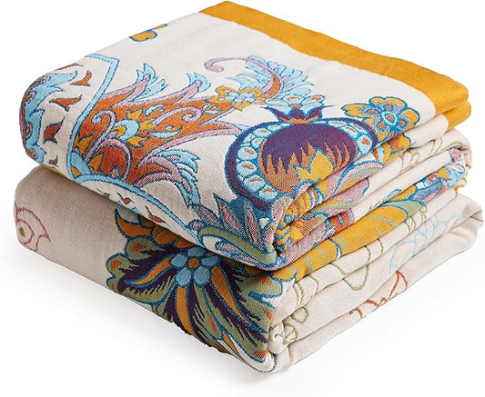 Boho Throw Blanket, 100% Organic Cotton Breathable Ultra Soft Bed Quilt Throw - All Season Floral Bird Butterfly Farmhouse Decor Blanket for Sofa Couch Chair and Gift. 60" x 80"