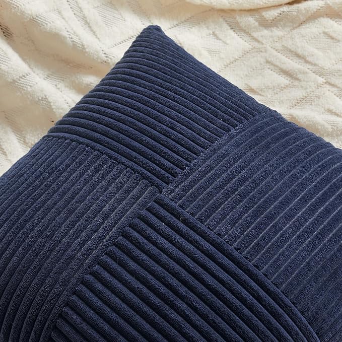 Fancy Homi 2 Packs Navy Blue Lumbar Decorative Throw Pillow Covers 16x32 Inch for Living Room Couch, Rustic Farmhouse Boho Home Decor, Soft Striped Corduroy Rectangle Accent Cushion Case 40x80 cm