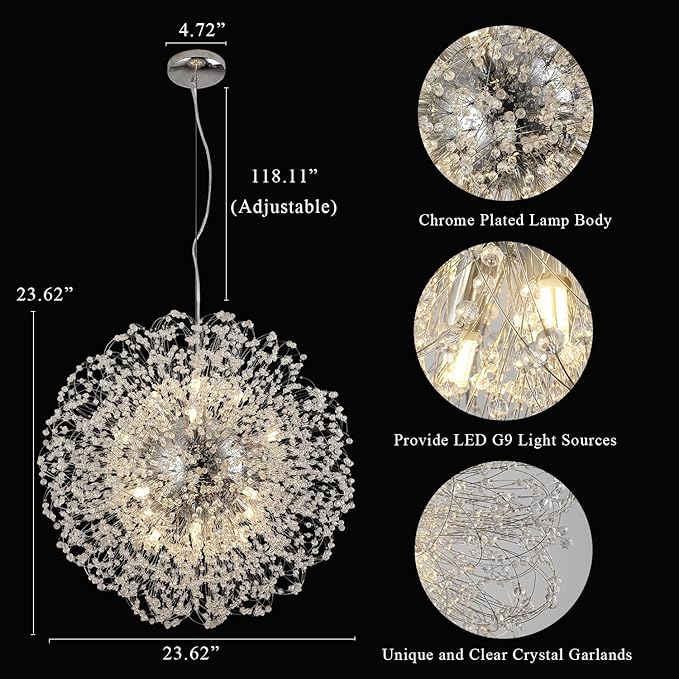 Dandelion Crystal Chandelier with Chrome, Modern Large Sputnik Hanging Lamp, Sunflower Beaded Pendant Light Fixtures High Ceiling for Living Room Bedroom Dining Room (Chrome 16Lights)