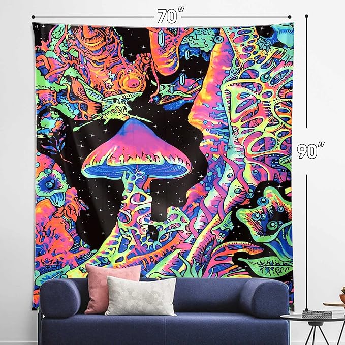ADDWel Blacklight Mushroom Tapestry, Upright Tapestry Glow In The Dark, UV Reactive Black Light Tapestries Posters Wall Hanging for Backdrop Bedroom Dorm Living Room Decor(70"x90")