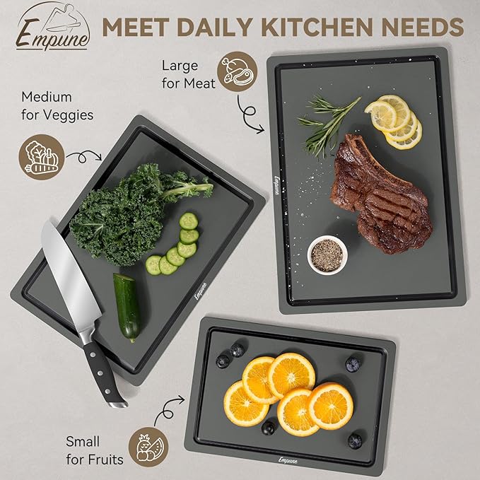 Empune Plastic Cutting Board Set, Recycled Plastic Cutting Boards for Kitchen (Set of 3), Dishwasher Safe Large Chopping Board with Holder, Non-slip Feet and Juice Grooves, Nonporous, Grey