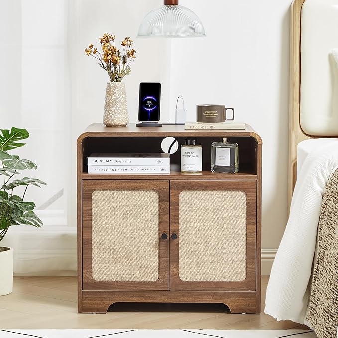 24" Large Side Table with Charging Station, Mid Century Modern End Table with USB/Type-C Ports, Curved Wood Nightstand with Storage & Natural Linen, Couch Side Table for Living Room Bedroom, Walnut