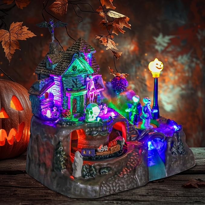 DREAM GARDEN Halloween Village Collection, Lighted Spooky Haunted House with Animated Train and Scary Sound Halloween Collectible Bulidings with Skull, Pumpkin, Ghost for Holiday Party Tabletop Decor