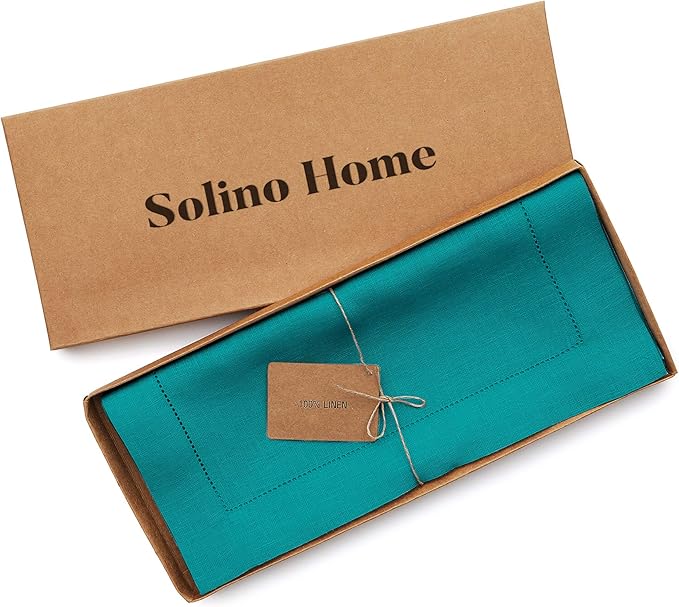 Solino Home Linen Hemstitch Table Runner 36 Inches - 100% Pure Linen Teal Table Runner 14 x 36 Inch Ideal for Dresser and Coffee Tables - Fall, Autumn, Thanksgiving - Classic Hemstitch