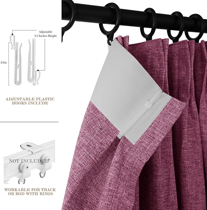 Lilac Pinch Pleat 100% Blackout Drapes Linen Blend, Room Divider, Room Darkening, Energy Saving, Furniture Protecting, Light Blocking Extra Wide Privacy Curtains, 200Wx108L, 1 PC