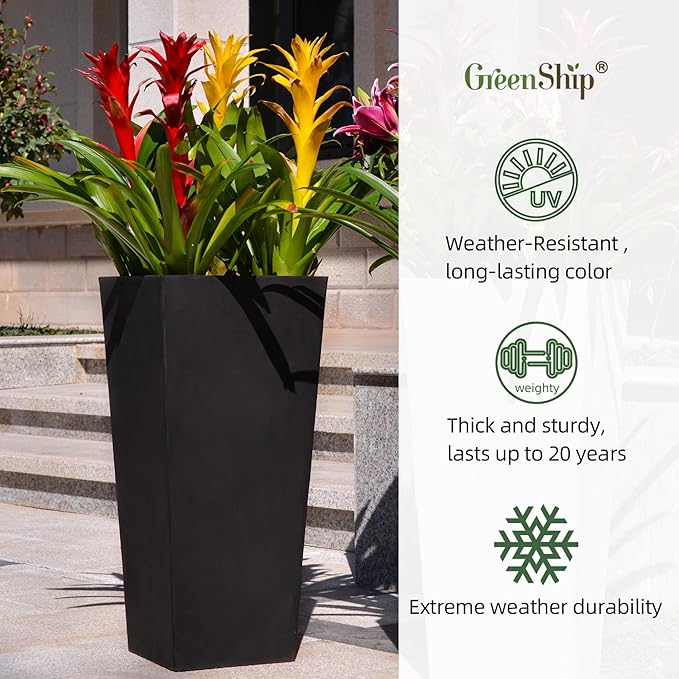 GreenShip 27" Tall Planters, Set of 2 – Black Outdoor Planter for Front Porch & Tall Plants, Weather-Resistant, with Drainage Hole & Rubber Plug (No Plants Included) (Black-2pcs)