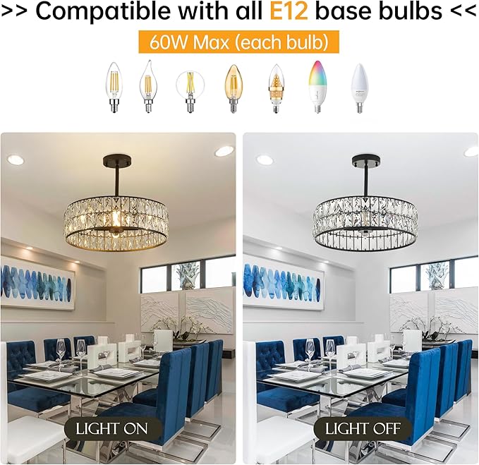 16” 4-Light Modern Crystal Chandeliers Black Dinning Room Light Fixture with Two Rods, Round Pendant Light Kitchen Island Chandelier, Flush Mount Ceiling Light for Living Room Entryway