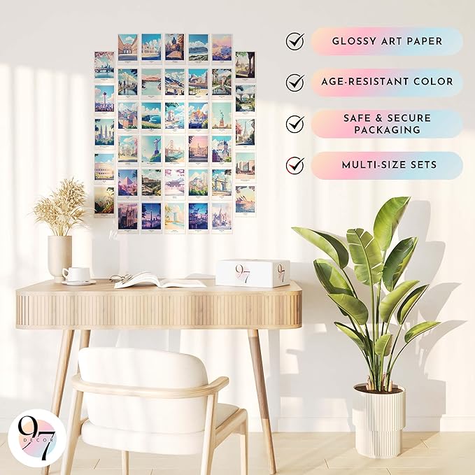 97 Decor Vintage Travel Posters Wall Art - Retro Travel Decor For Home, Travel Art Prints For Wall Decor, Around World Travel Collage Destination Pictures Famous City Artwork For Classroom (4x6)