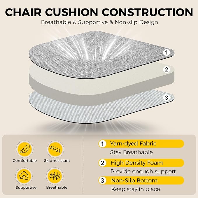 downluxe Indoor Chair Cushions for Dining Chairs, Soft and Comfortable Textured Foam Kitchen Chair Pads with Ties and Non-Slip Backing, 16" x 16" x 2", Light Grey, 2 Pack