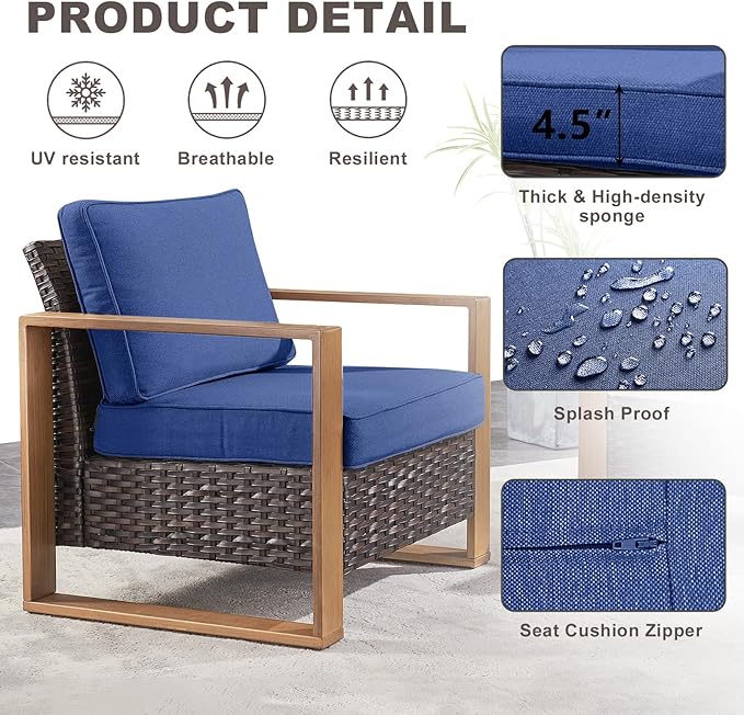 Wicker Outdoor Patio Chairs Set of 2, Rattan Patio Furniture Chairs with Sturdy Frame,All-Weather PE Wicker,Wide Armrest,Deep Seating and Thick Cushions for Deck Porch Garden(Brown/Blue)