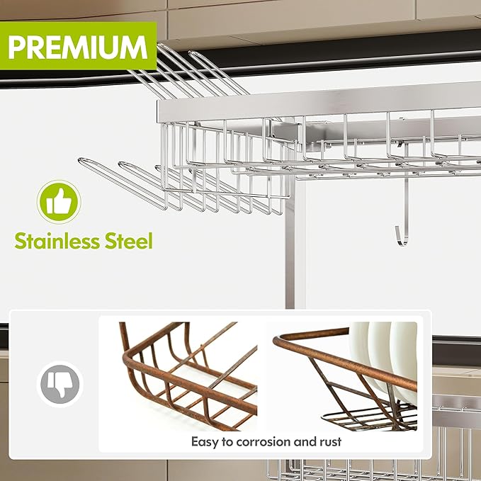 2 Tier Extra Large Stainless Steel Expandable Over The Sink Dish Drainer Drying Rack, Rust Proof Metal, Space Saving, Modern Silver Big Capacity Extendable Plate Strainers Above Kitchen Counter