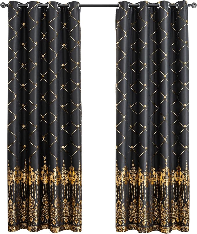Grommets Blackout Long Window Curtains Black Gold-52W*84L 2PCS Drapes for Bedroom