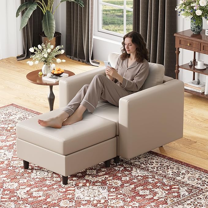 Faux Leather Oversized Accent Chair with Storage Deep Seat Single Sofa Large Reading Armchair for Living Room Bedroom Office Whitesand Set of 2