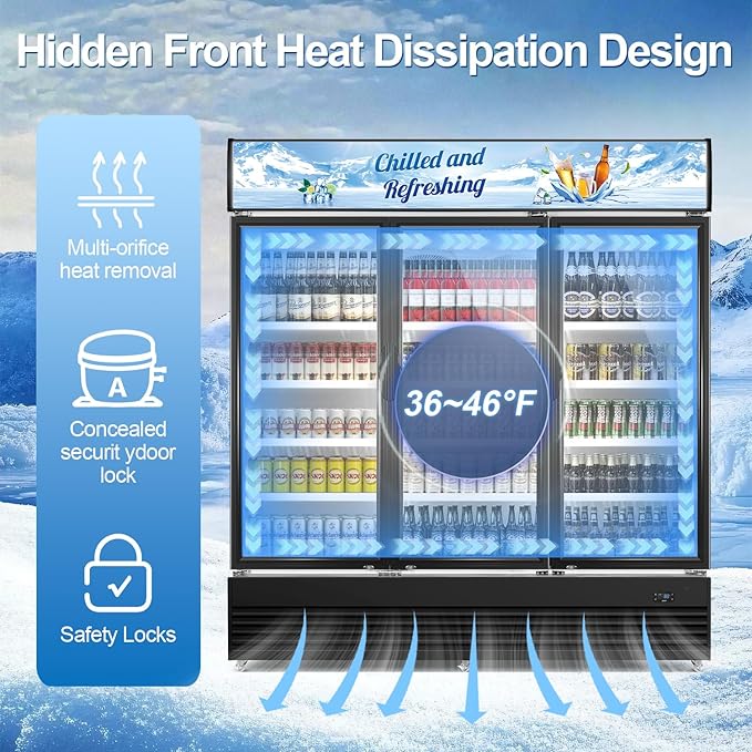 Tylza Commercial Refrigerator, Three Glass Door Display Beverage Fridge, 59.06 Cu Ft Upright Beverage Cooler Merchandiser with Replaceable Advertising Light Board, Rebound Door, Fast Cooling
