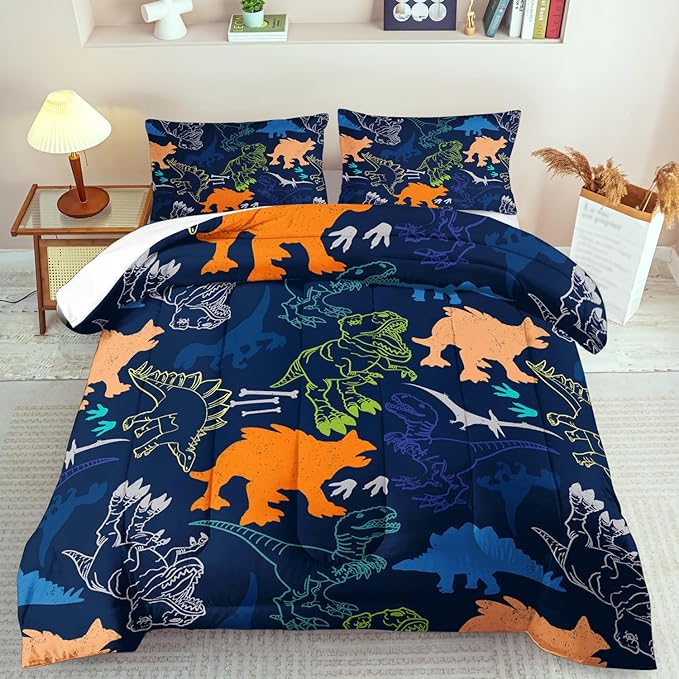 Blue Dinosaur Comforter Set Queen Boys,Cute Dinosaur Bedding Set Queen for Kids,Kawaii Dragon Comforter Blue Bedroom Decor,Cute Animal Bedding Kawaii Animal Quilt Boys