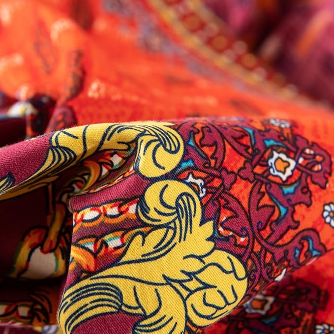 ABREEZE Bohemian Duvet Cover Set Colorful Orange Boho Retro Bedding Set Damask Paisley Cotton Duvet Cover Tribal Reversible Bedding Exotic Style Comforter Cover 3-Piece Twin