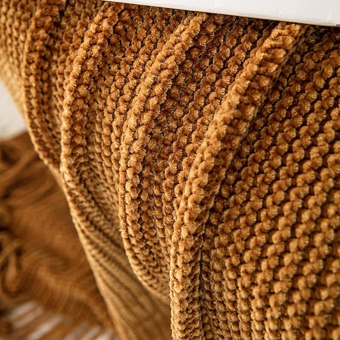 lifein Throw Blanket for Couch, Soft Boho Decor Bed Throw,Cozy Brown Knitted Chenille Small Farmhouse Lightweight Throw for Spring(Golden Brown,60 * 80")