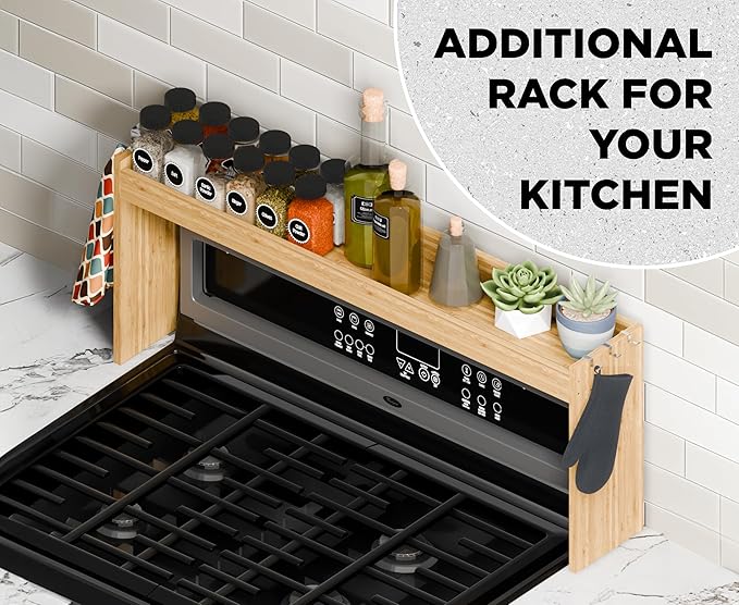Edgecrest Bamboo Over The Stove or Sink Modern Spice Shelf, No Annoying Middle Screw, 31.5” Wide Storage, 11.4” High Countertop Shelf, 6 Side Hooks, Easy to Assemble, Eco-Friendly Durable Material