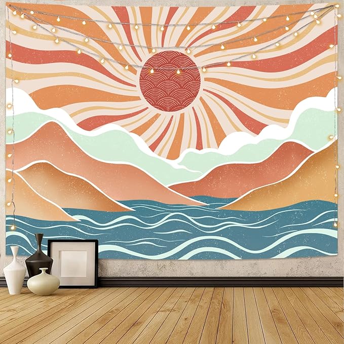 Lunerfex Boho Sun Tapestry Sunset Wall Tapestry, Mountain Tapestries for Bedroom 80s Tapestries Wall Hanging for Bedroom Living Room Decor Boho-2 60"x80"