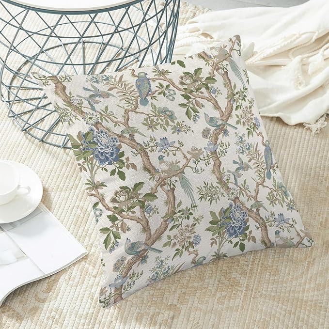 CXMEIFLY Chinoiserie Spring Pillow Covers 18 x 18 Inch Set of 2 for Blue Sage Green Vintage Flowers Bird Decor Throw Pillows Plant Farmhouse Outdoor Decorative Cushion Cases for Couch Bed Decorations