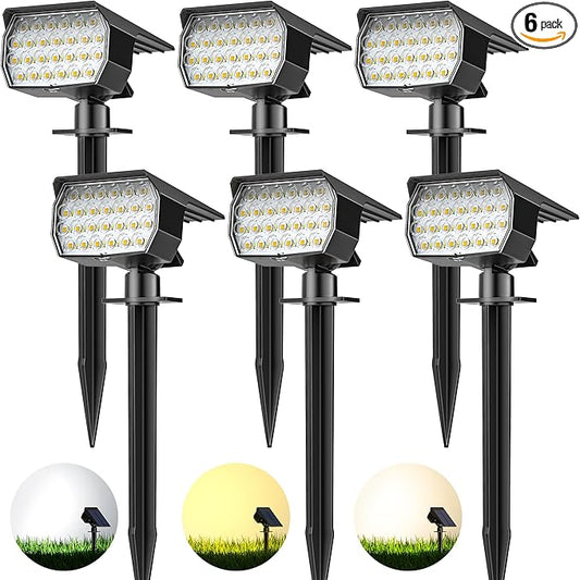 3 Colors Solar Lights Outdoor Waterproof IP65 Outdoor Solar Spot Lights for Yard 52 LEDs 600LM Solar Powered Landscape Spotlights Solar Security Wall Lights for Garden Pathway Outside- 6 Pack