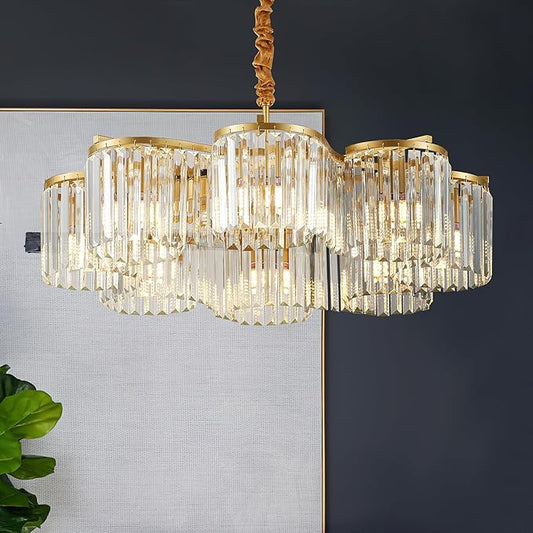30.3“ Gold Semi Flush Mount Ceiling Light Fixtures, 8-Light Gold Modern Crystal Chandelier Height Adjustable Pendant Lighting for Bedroom Entryway Hallway Kitchen Island Living Room Foyer