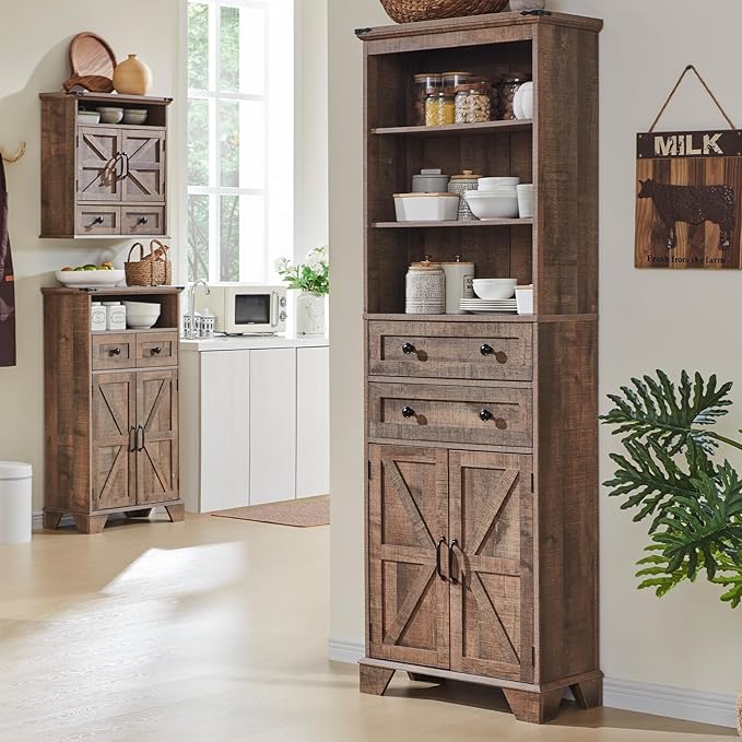 Farmhouse Bathroom Cabinet, 72" Tall Storage Cabinet with 2 Drawers, Adjustable Shelves & Barn Door, Cabinets for Bathroom, Living Room, Kitchen, Rustic Brown