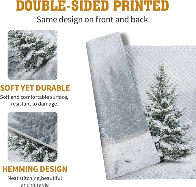 Winter Placemats Set of 4, 12x18 Inch Christmas Pine Tree Snowflake Linen Table Mats Seasonal Washable Farmhouse Place Mats for Kitchen Dining Xmas Holiday Party Decor